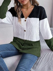Cable-Knit Striped Button Up Cardigan - Trendsi