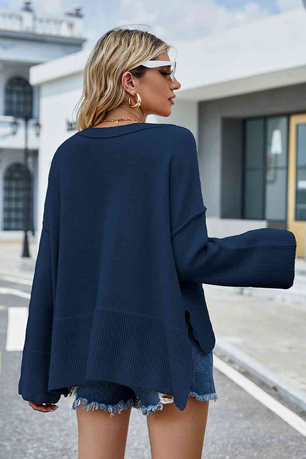 Round Neck Dropped Shoulder Slit Sweater - Trendsi - Flyclothing LLC