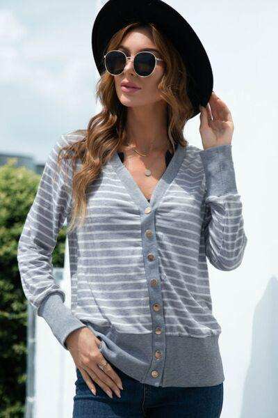 Striped Button Up Long Sleeve Cardigan - Trendsi - Flyclothing LLC