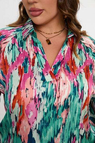 Plus Size Printed Johnny Collar Long Sleeve Blouse - Trendsi - Flyclothing LLC