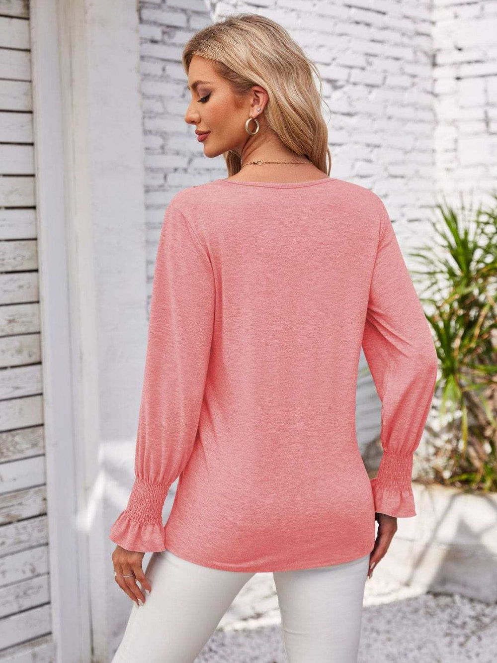 Smocked V-Neck Long Sleeve Blouse - Trendsi - Flyclothing LLC