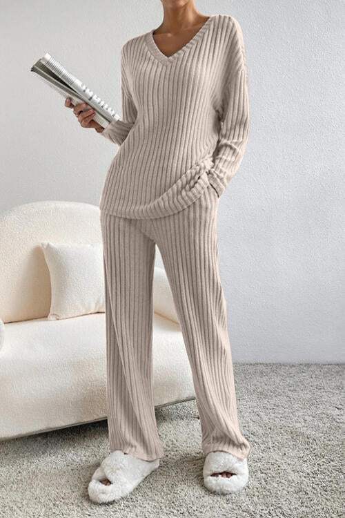 Ribbed V-Neck Top and Pants Set - Trendsi - Flyclothing LLC