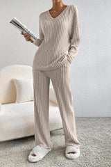 Ribbed V-Neck Top and Pants Set - Trendsi - Flyclothing LLC