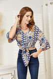 Double Take Tie Hem V-Neck Three-Quarter Sleeve Blouse - Trendsi - Flyclothing LLC