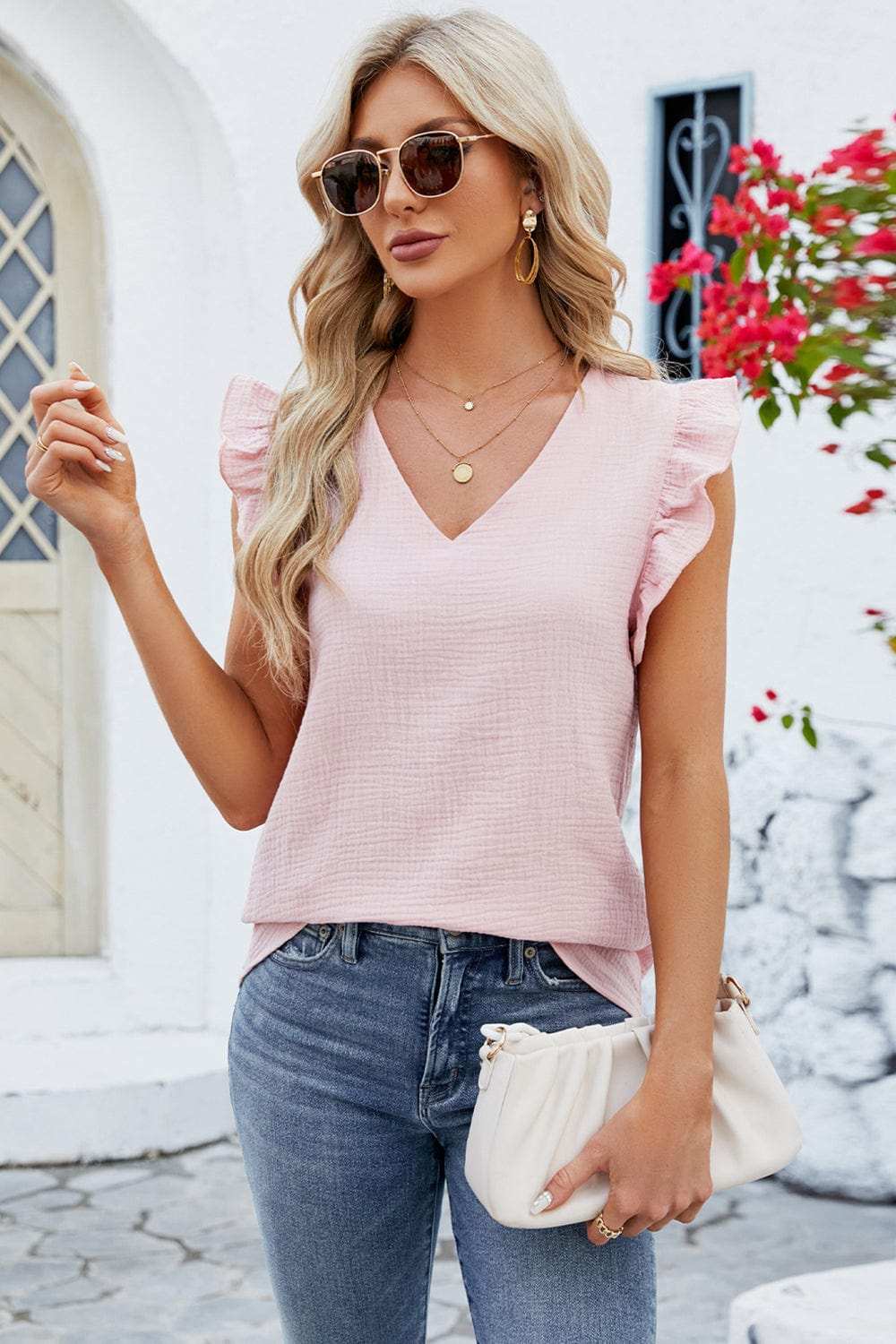 Ruffled V-Neck Cap Sleeve Blouse - Trendsi - Flyclothing LLC