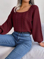 Cable-Knit Square Neck Long Sleeve Sweater - Trendsi
