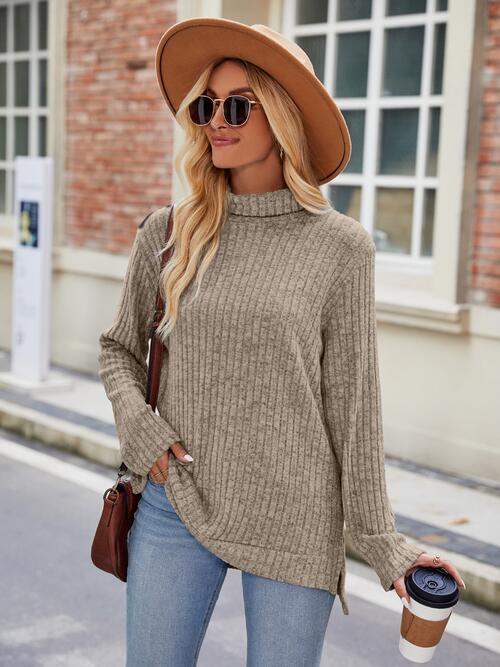 Ribbed Turtleneck Long Sleeve Slit Knit Top - Trendsi - Flyclothing LLC