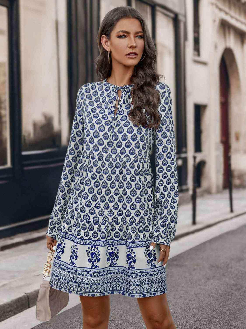Printed Tie Neck Long Sleeve Dress - Trendsi - Flyclothing LLC