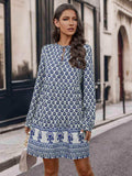 Printed Tie Neck Long Sleeve Dress - Trendsi - Flyclothing LLC
