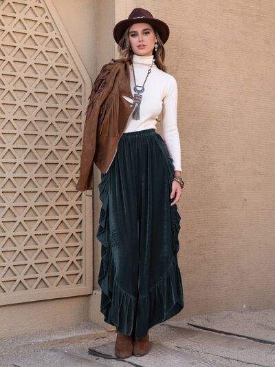 Ruffle Trim Wide Leg Slit Pants - Trendsi - Flyclothing LLC