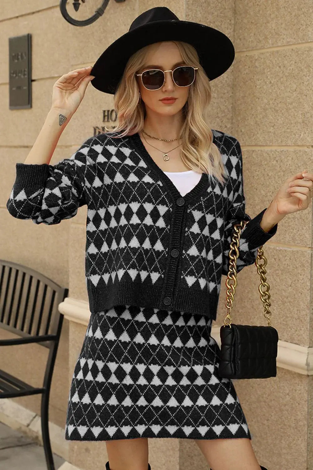Geometric Dropped Shoulder Cardigan and Knit Skirt Set - Trendsi - Flyclothing LLC