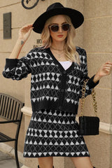Geometric Dropped Shoulder Cardigan and Knit Skirt Set - Trendsi - Flyclothing LLC