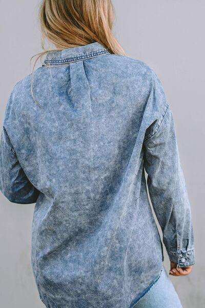 Button Up Dropped Shoulder Denim Top - Trendsi - Flyclothing LLC