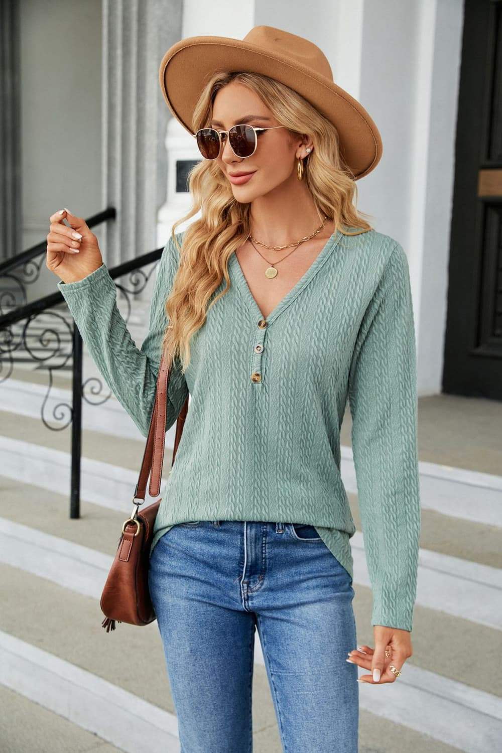 Cable-Knit Long Sleeve V-Neck T-Shirt - Trendsi - Flyclothing LLC