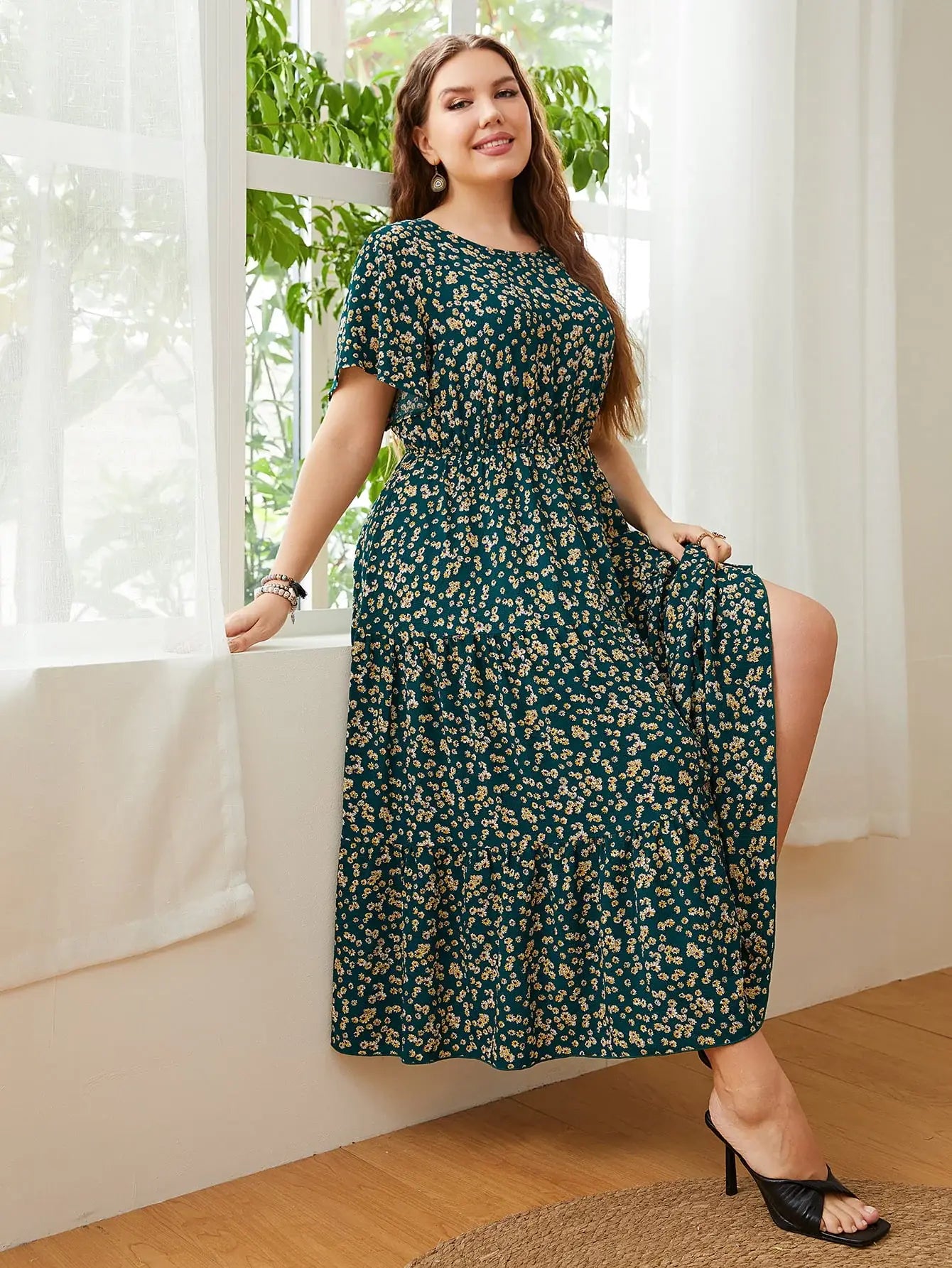 Plus Size Floral Round Neck Short Sleeve Midi Dress - Trendsi - Flyclothing LLC