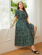 Plus Size Floral Round Neck Short Sleeve Midi Dress - Trendsi - Flyclothing LLC
