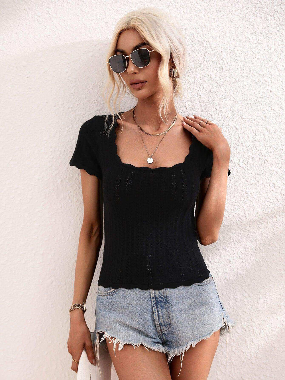 Scalloped Hem Square Neck Knit Top - Trendsi - Flyclothing LLC