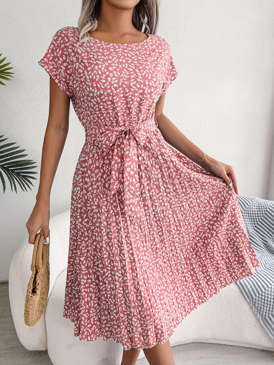 Ditsy Floral Pleated Belted Dress - Trendsi