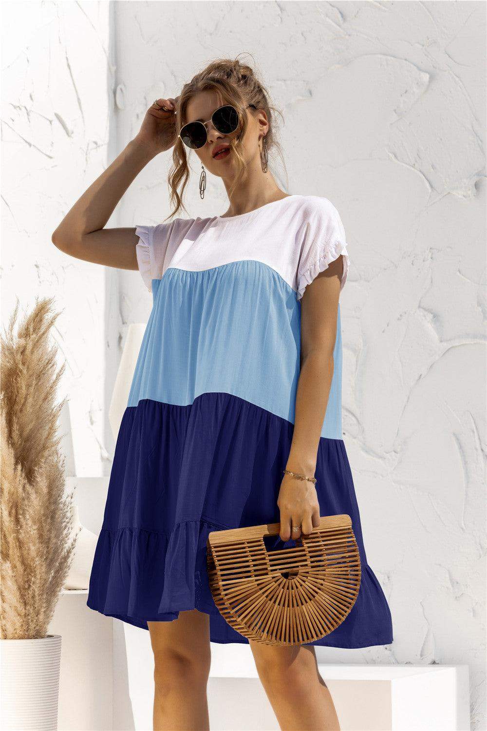Color Block Round Neck Ruffle Hem Dress - Trendsi - Flyclothing LLC