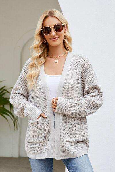 Open Front Raglan Sleeve Pocketed Cardigan - Trendsi - Flyclothing LLC