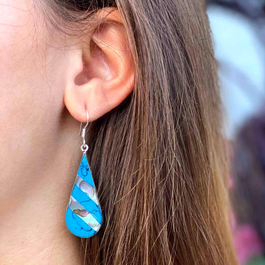 Abalone & Turquoise Striped Teardrop Earrings - Artisana