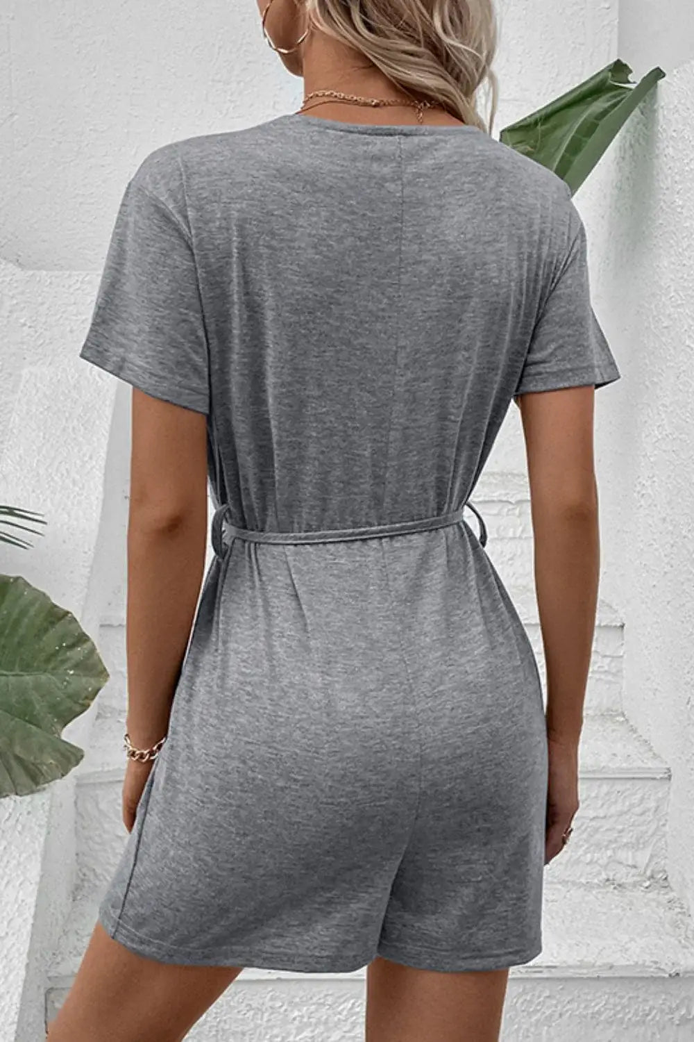 V-Neck Short Sleeve Tied Romper - Trendsi - Flyclothing LLC
