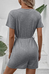V-Neck Short Sleeve Tied Romper - Trendsi - Flyclothing LLC