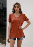 V-Neck Decorative Buttons Puff Sleeve Tee - Trendsi - Flyclothing LLC