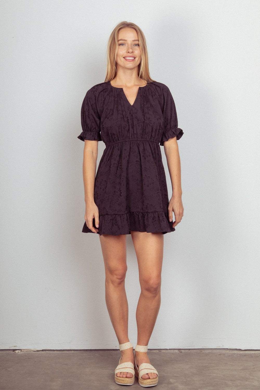 VERY J Floral Textured Woven Ruffled Mini Dress - Trendsi - Flyclothing LLC
