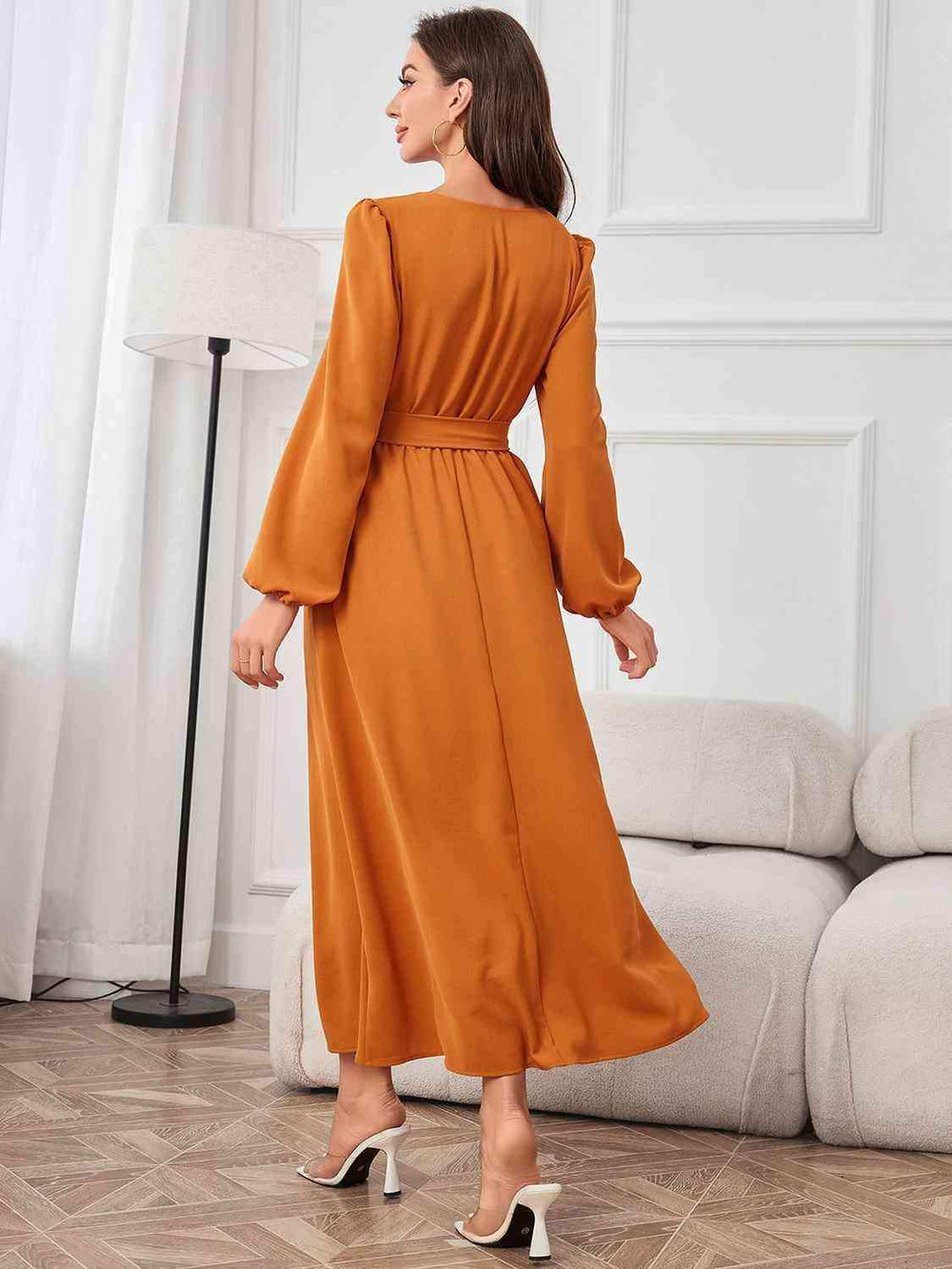 Tie Waist Puff Sleeve Maxi Dress - Trendsi - Flyclothing LLC