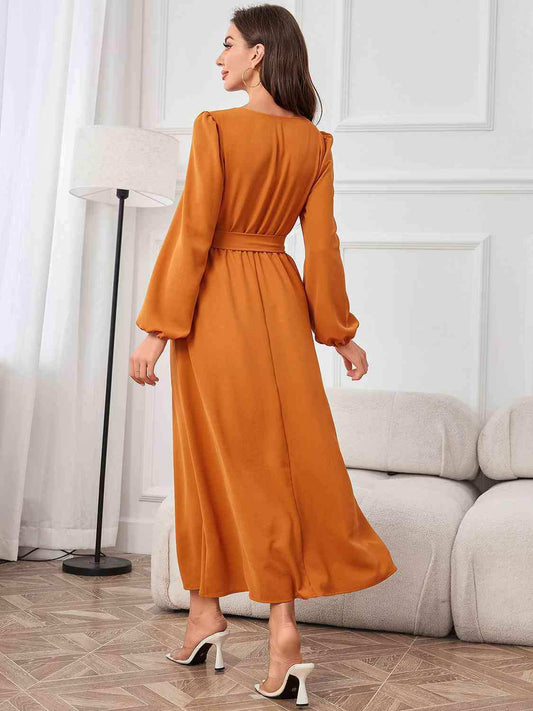 Tie Waist Puff Sleeve Maxi Dress - Trendsi - Flyclothing LLC