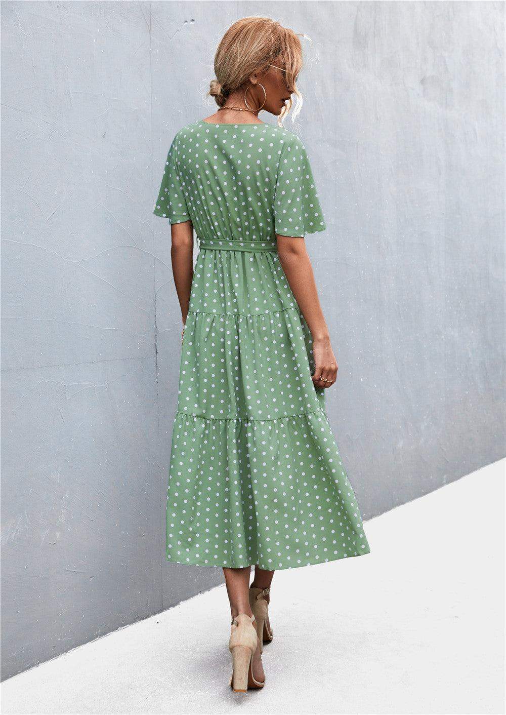 Printed V-Neck Flutter Sleeve Belted Dress - Trendsi - Flyclothing LLC