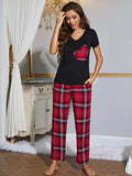 Heart Graphic V-Neck Top and Plaid Pants Lounge Set - Trendsi