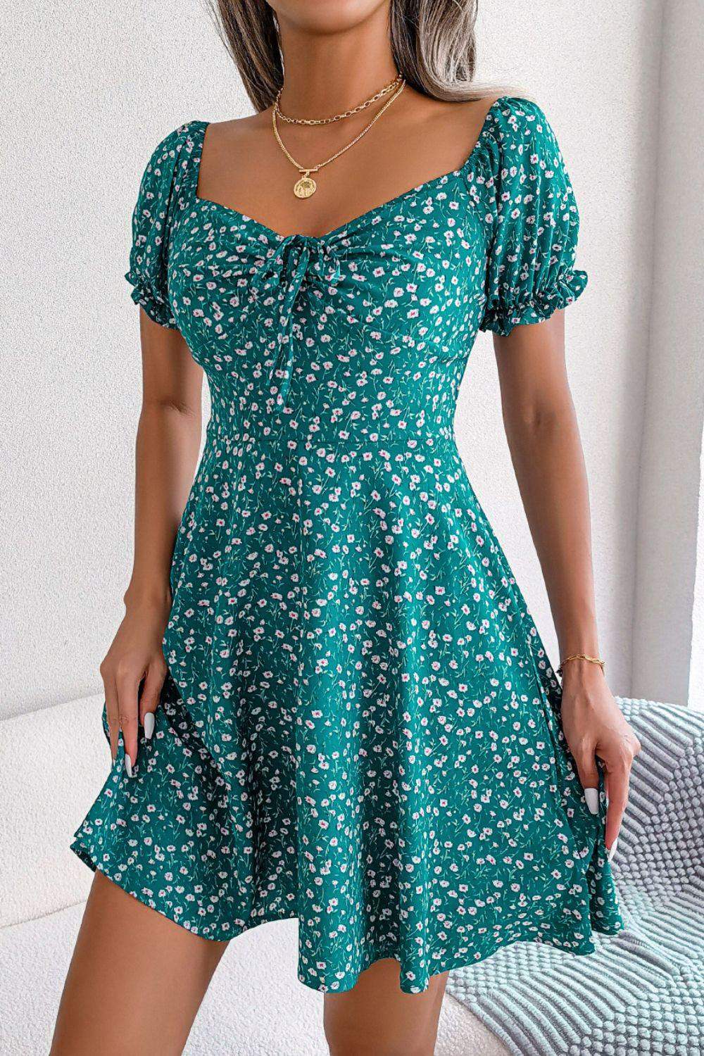 Ditsy Floral Drawstring A-Line Dress - Trendsi - Flyclothing LLC