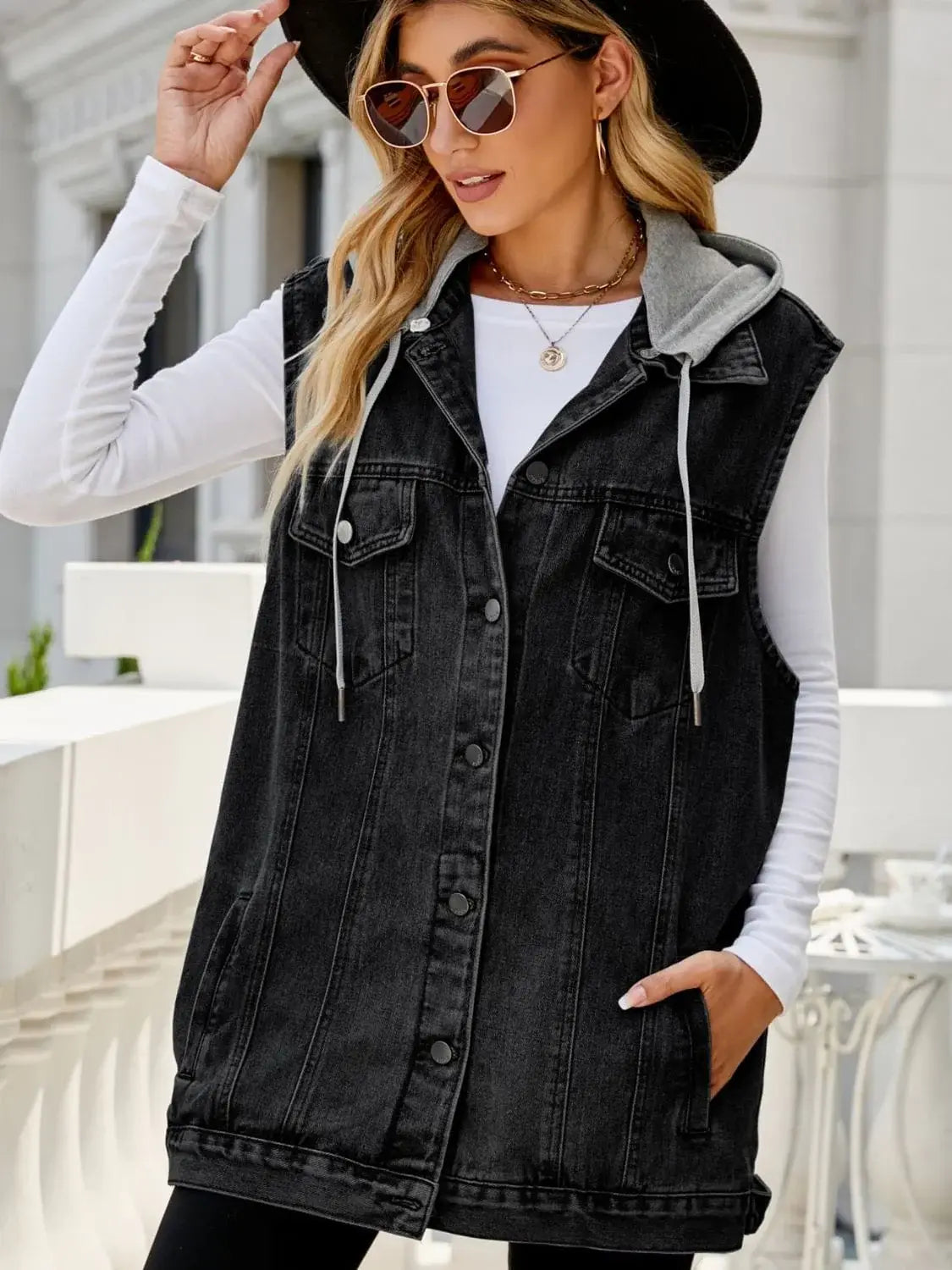 Drawstring Hooded Sleeveless Denim Top with Pockets - Trendsi - Flyclothing LLC