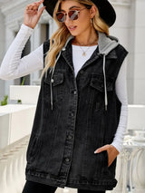 Drawstring Hooded Sleeveless Denim Top with Pockets - Trendsi - Flyclothing LLC