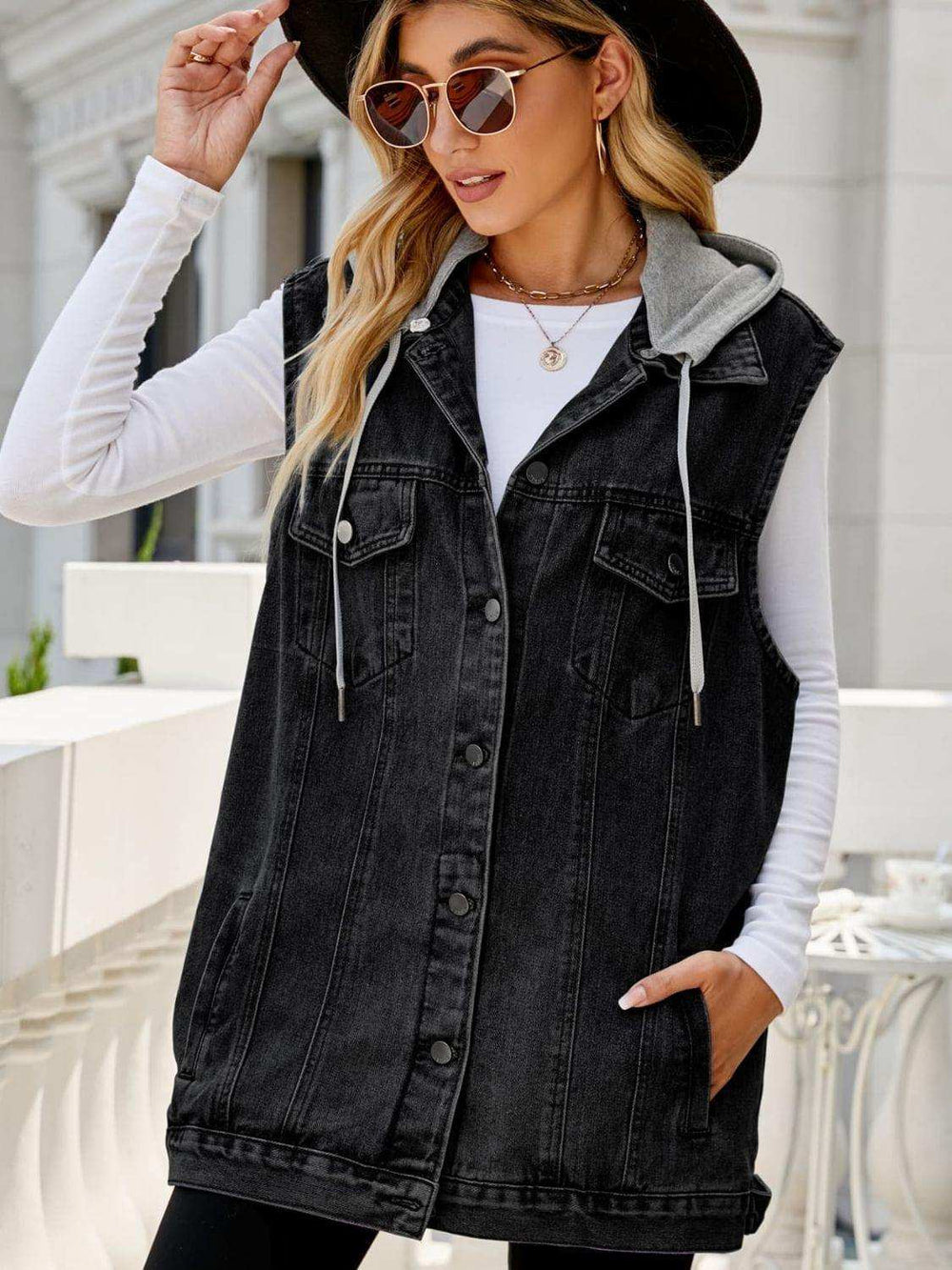 Drawstring Hooded Sleeveless Denim Top with Pockets - Trendsi - Flyclothing LLC