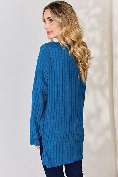 Basic Bae Full Size Ribbed Half Button Long Sleeve High-Low T-Shirt - Trendsi - Flyclothing LLC