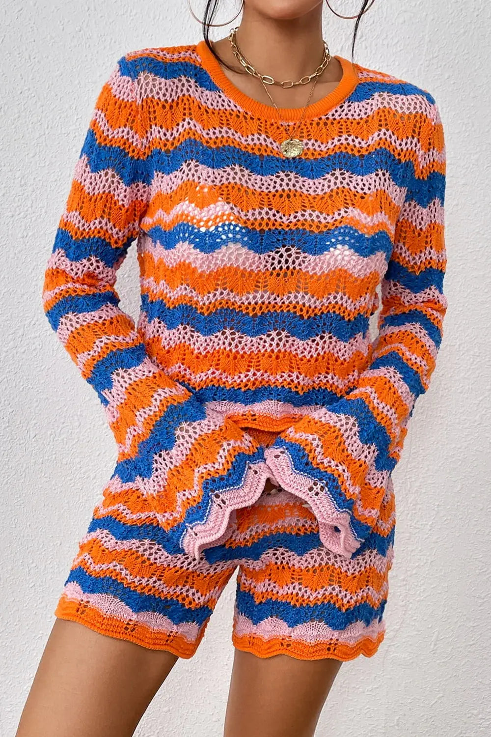 Striped Sweater and Knit Shorts Set - Trendsi - Flyclothing LLC