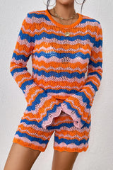 Striped Sweater and Knit Shorts Set - Trendsi - Flyclothing LLC