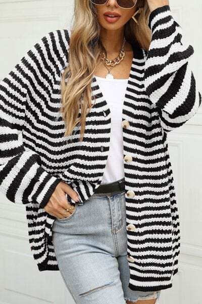 Striped Button Up Long Sleeve Cardigan - Trendsi - Flyclothing LLC