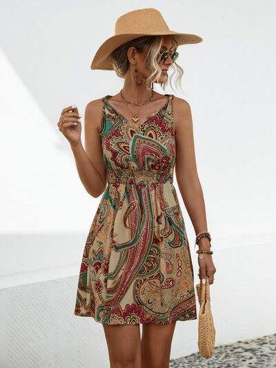 Smocked Printed V-Neck Mini Dress - Trendsi - Flyclothing LLC