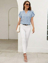 Heart Print Notched Petal Sleeve Blouse - Trendsi - Flyclothing LLC