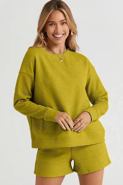 Double Take Full Size Texture Long Sleeve Top and Drawstring Shorts Set - Trendsi - Flyclothing LLC