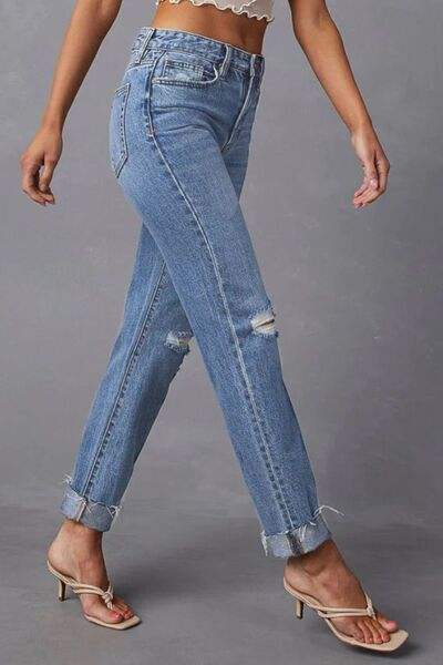Distressed Raw Hem Straight Jeans with Pockets - Trendsi - Flyclothing LLC