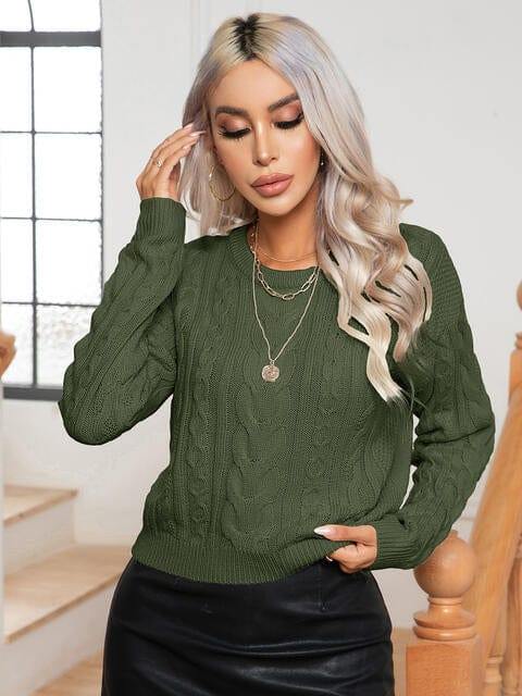 Cable-Knit Round Neck Long Sleeve Sweater - Trendsi