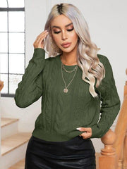 Cable-Knit Round Neck Long Sleeve Sweater - Trendsi
