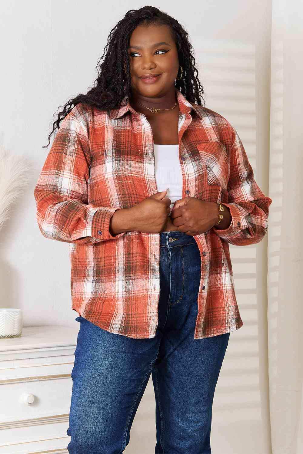 Double Take Plaid Collared Neck Long Sleeve Shirt - Trendsi - Flyclothing LLC