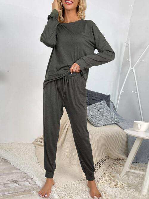 Round Neck Top and Drawstring Pants Lounge Set - Trendsi - Flyclothing LLC