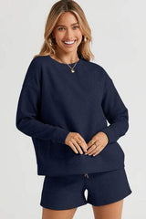 Double Take Full Size Texture Long Sleeve Top and Drawstring Shorts Set - Trendsi - Flyclothing LLC